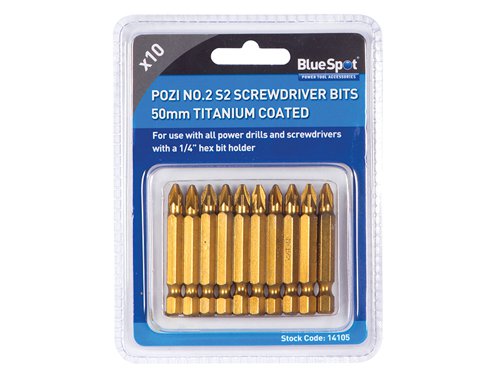 B/S14105 BlueSpot Tools Titanium Coated Screwdriver Bits PZ2 x 50mm (Pack 10)