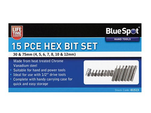 The BlueSpot Tools Hex Bit Set contains a selection of bits, drop forged from heat treated chrome vanadium steel for increased durability. Suitable for hand and power tools. Complete with handy carrying case for quick and easy storage. Contains:7 x 30mm Hex Bits: 4, 5, 6, 7, 8, 10 and 12.7 x 75mm Hex Bits: 4, 5, 6, 7, 8, 10 and 12.1 x 1/2in Adaptor.