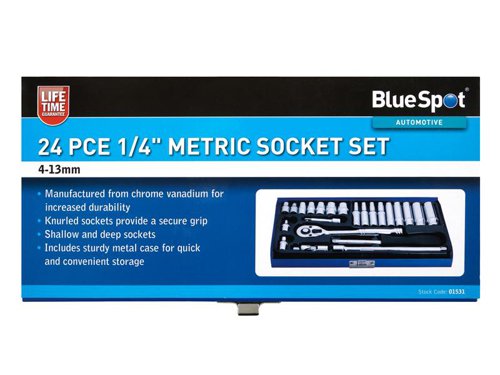The BlueSpot 1/4in Metric Socket Set is manufactured from heat-treated, chrome vanadium steel for increased durability. With a fully polished finish. Supplied in a sturdy metal case for quick and convenient storage.Contains the following:9 x 1/4in Sockets: 4, 5, 6, 7, 8, 9, 10, 12 and 13mm9 x 1/4in Deep Sockets: 4, 5, 6, 7, 8, 9, 10, 12 and 13mm2 x 1/4in Extension Bars: 2in and 6in1 x 1/4in Universal Joint1 x 1/4in Spinner Handle1 x 1/4in Ratchet Handle (72 Teeth)1 x Sturdy Metal Storage Case