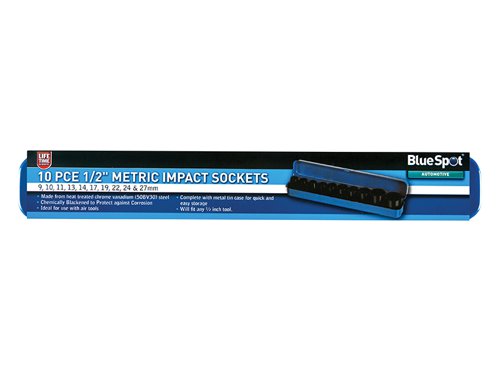 B/S1537 BlueSpot Tools 1/2in Metric Impact Socket Set 9-27mm, 10 Piece