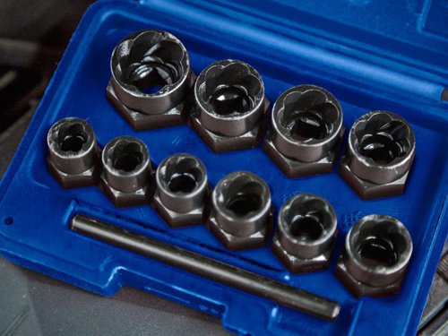 The BlueSpot Bolt Remover Set is manufactured from heat treated chrome molybdenum steel for increased durability. Designed for the safe removal of locking wheel nuts, bolts, screws and studs. Suitable for hand and power tools. Can be used with 3/8in breaker bar/ratchet.Complete with handy carrying case for quick and easy storage.Sizes: 9, 10, 11, 12, 13, 14, 15, 16, 17 & 19mm.