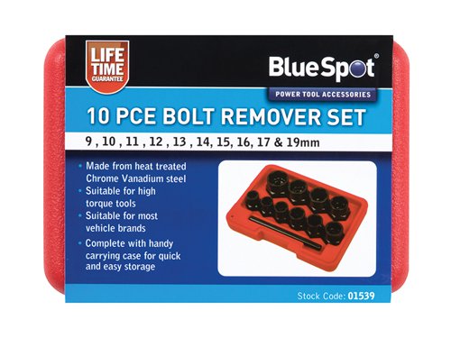 The BlueSpot Bolt Remover Set is manufactured from heat treated chrome molybdenum steel for increased durability. Designed for the safe removal of locking wheel nuts, bolts, screws and studs. Suitable for hand and power tools. Can be used with 3/8in breaker bar/ratchet.Complete with handy carrying case for quick and easy storage.Sizes: 9, 10, 11, 12, 13, 14, 15, 16, 17 & 19mm.