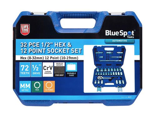 BlueSpot Tools 1/2in Hex & 12 Point Socket Set, 32 Piece