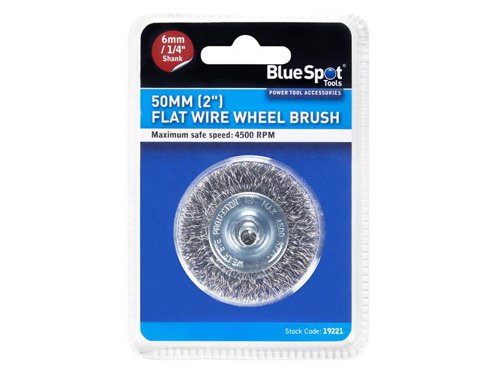 The BlueSpot Tools Flat Wire Wheel Brush is ideal for preparing metal surfaces for welding and painting. Its 6mm (1/4in) shank fits most electric drills.This BlueSpot Tools Flat Steel Wire Wheel Brush has the following specifications:Shank: 6mm (1/4in).Wire: 0.3mm.Diameter: 50mm.Max. Safe Speed: 4,500 RPM.