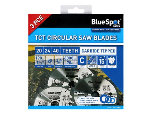 B/S19402 BlueSpot Tools 190mm Circular Saw Blade Set, 3 Piece