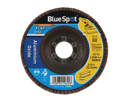 Blue Spot Sanding Flap Discs are made from aluminium oxide and are suitable for most angle grinders.Diameter: 115mm.Bore: 22.2mm.Maximum speed: 80m/s.Grade: 80 Grit.