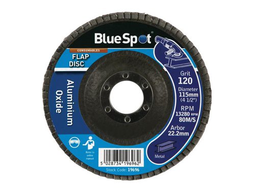 Blue Spot Sanding Flap Discs are made from aluminium oxide and are suitable for most angle grinders.Diameter: 115mm.Bore: 22.2mm.Maximum speed: 80m/s.Grade: 120 Grit.