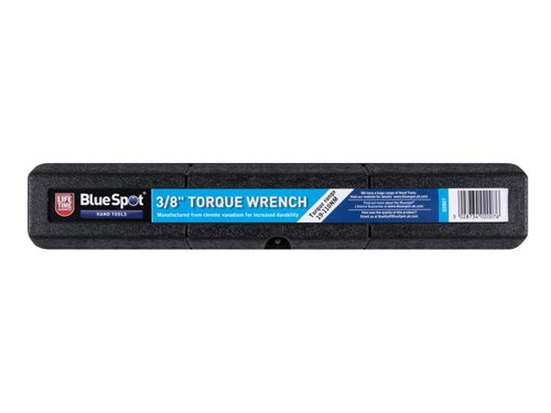 The BlueSpot Tools Torque Wrench is manufactured from chrome vanadium for increased durability. Designed to be utilised where fixings are required to be tightened to a predetermined torque load. Comes complete with a useful storage case.Warning: All torque wrenches must be stored on the lowest torque setting to avoid a set in the spring. Failure to do so can result in a loss of accuracy over time.This BlueSpot Tools Torque Wrench has the following specification:Drive: 3/8inTorque Range: 19-110Nm