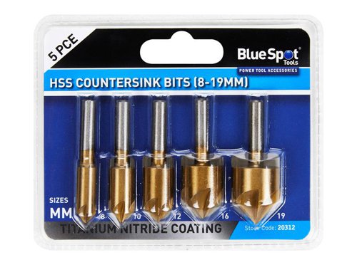 BlueSpot Tools HSS Countersink Bits are manufactured from heat treated carbon steel for increased durability, they feature a titanium nitride coating to maximise the longevity of the bits. The set is ideal for use with power tools and is suitable for drilling in wood, plastics, steel, aluminium, copper and other non-ferrous metals.Sizes: 8, 10, 12, 16 and 19mm.