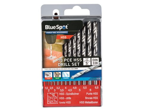 The BlueSpot Tools 13 Piece Twist Drill Set manufactured from High-Speed Steel (HSS), is ideal for drilling in steel, iron, non-ferrous metals, plastics and wood. Contains:Sizes: 1.5, 2, 2.5, 3, 3.3, 3.5, 4, 4.2, 4.5, 5, 5.5, 6, 6.5mm.