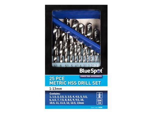 BlueSpot Tools HSS Drill Bit Set, manufactured from high-speed steel for increased durability. A ground flute gives increased accuracy when drilling. Suitable for drilling in iron, non-ferrous metals, plastic, steel and wood. Supplied in a robust metal case.This 25 piece set contains the following:Sizes: 1, 1.5, 2, 2.5, 3, 3.5, 4, 4.5, 5, 5.5, 6, 6.5, 7, 7.5, 8, 8.5, 9, 9.5, 10, 10.5, 11, 11.5, 12, 12.5 and 13mm