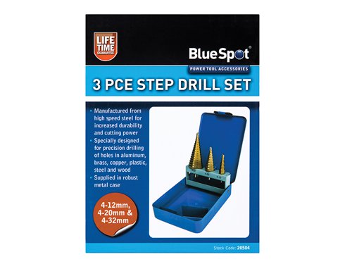 The BlueSpot Step Drill is manufactured from high steel for increased durability and cutting power. Titanium coated to reduce friction and heat. Specially designed for precision drilling of holes in aluminium, brass, copper, plastic, steel and wood. 2mm step increments.The set is supplied in a robust metal case and contains the following:1 x 5 Step Drill 4-12mm1 x 9 Step Drill 4-22mm1 x 10 Step Drill 4-32mm