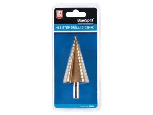 The BlueSpot HSS Step Drill is manufactured from high-speed steel for increased durability and cutting power. With 14 Steps: 2mm (4-6mm) and 3mm (9-42mm) increments. Titanium coated to reduce friction and heat.Specially designed for precision drilling of holes in aluminium, brass, copper, plastic, steel and wood.