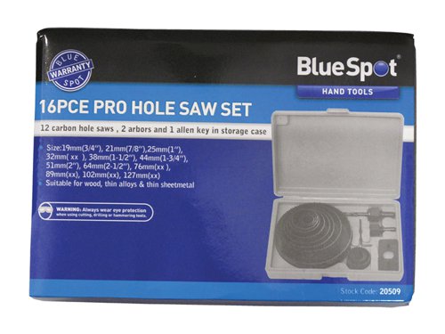 The Bluespot Multi Holesaw Set is suitable for wood, thin alloys and thin sheet metal. Supplied in a handy storage case. Contains:12 x Carbon Holesaws: 19, 21, 25, 32, 38, 44, 51, 64, 76, 89, 102 and 127mm.2 x Arbors.1 x Pilot Drill.1 x Hexagon Key.