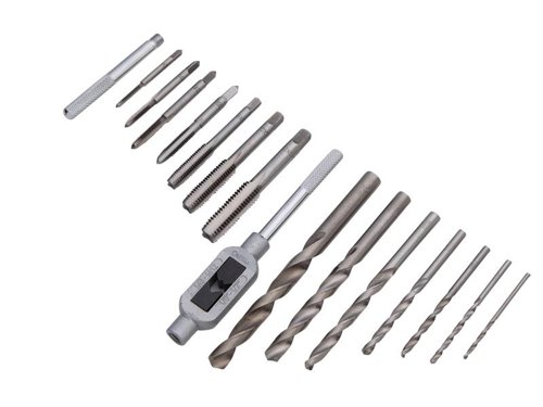 The BlueSpot Tools Drill & Tap Set is manufactured from hardened steel for increased hardness and a clean thread. Includes a range of common tap sizes and the drill bit required for that size of thread.Suitable for use with plastics (use distilled water as coolant), steel, aluminium and other non-ferrous metals. Supplied in a metal tin for easy access and storage. Contains:7 x Drills: 2.5, 3.3, 4.2, 5, 6.8, 8.5, 10.2mm7 x Taps: M3, M4, M5, M6, M8, M10, M121 x Tap Wrench