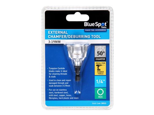 The BlueSpot Tools External Chamfer/Deburring Tool is used to clean and repair the thread of damaged threads and studs between 3-19mm. The blades are manufactured from Tungsten Carbide which is extremely hard wearing and has a very high melting point (2,600°) making it ideal for cleaning threads and studs.For use on stainless steel, hardened steel, mild steel, copper, brass, fibreglass, hard plastic and more. Ideal for use with electric drills.Specifications:Shank: 1/4in Hex.Chamfer Angle: 50° (approx.)