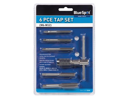 The BlueSpot Tools Tap Set can be used to cut threads into a wide range of materials. Manufactured from carbon steel for increased strength and durability. The set includes a T-shape tap holder for easy use.Sizes: M12 x 1.75, M10 x 1.5, M8 x 1.25, M7 x 1, M6 x 1