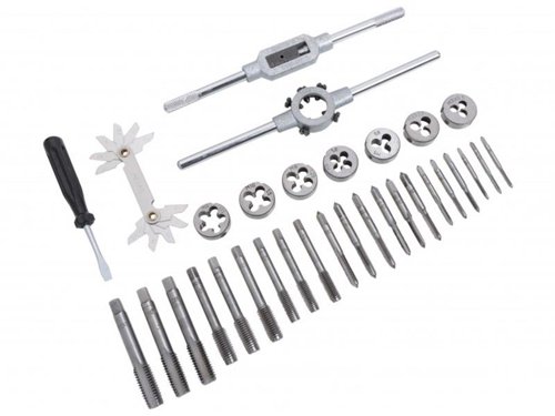 BlueSpot Tools Metric Tap and Die Set, manufactured from alloy steel and features a range of taps and dies for cutting and cleaning threads. Supplied in a heavy-duty steel box for easy storage.Contains:21 x Taps (3 of each size): M3 x 0.5, M4 x 0.7, M5 x 0.8, M6 x 1.0, M8 x 1.25, M10 x 1.5 and M12 x 1.757 x Dies: M3 x 0.5, M4 x 0.7, M5 x 0.8, M6 x 1.0, M8 x 1.25, M10 x 1.5 and M12 x 1.751 x Tap Wrench1 x Die Holder1 x Metric Pitch Gauge1 x Screwdriver