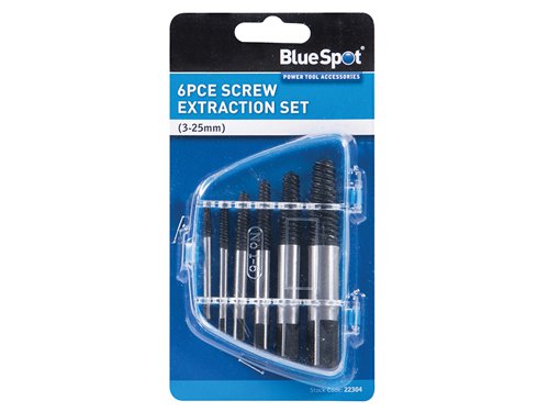 The BlueSpot Screw Extraction Bits are manufactured from carbon steel and feature a reverse thread. They are used to remove broken/damaged screws and bolts. Simply insert into pre-drilled hole within screw and operate drill in reverse to remove screw without damage to hole. The square end also allows use with a tap wrench. Suitable for screws 3-25mm diameter.
