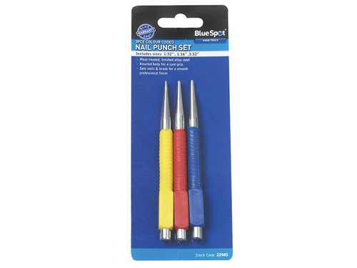 BlueSpot Tools 3 Piece Nail Punch Set. Manufactured from heat treated, finished alloy steel. Fitted with a knurled body for a sure grip. Sets nails and brads for a smooth finish.Sizes: 1/32, 1/16, 3/32in