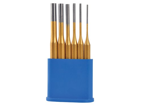 This Blue Spot 6 Piece Pin Punch Set contains the following sizes:2.5 x 150mm, 3.5 x 150mm, 4.5 x 150mm, 6 x 150mm, 8 x 150mm and 10 x 150mm.The punches are manufactured from heat treated alloy tool steel and are hardened to Rockwell HRC49-53.