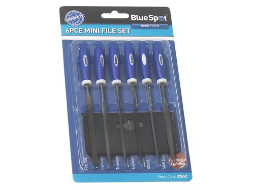 This 6-piece BlueSpot Tools Mini File Set contains: 1 x flat file, 1 x half-round file, 1 x triangular file, 1 x square file, 1 x round file and 1 x slim taper file. Supplied with a pouch for storage.The files are fitted with comfortable, plastic handles and have the following specification:Overall Length:150mm (6in). Blade Length: 100mm (4in).