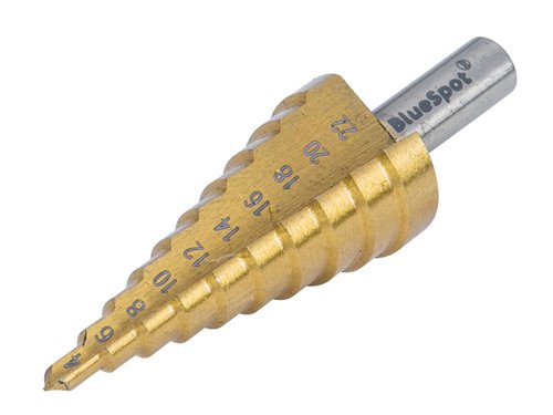 The Blue Spot Tools 4-22mm Step Drill is specially designed for precision drilling of holes in aluminium, brass, copper, plastic, steel and wood. Manufactured from high steel for increased durability and cutting power. Titanium coated to reduce friction and heat. 2mm step increments.