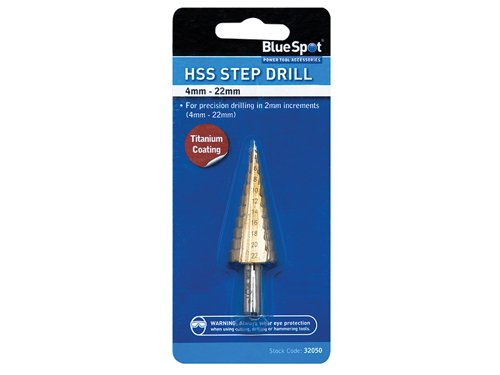 The Blue Spot Tools 4-22mm Step Drill is specially designed for precision drilling of holes in aluminium, brass, copper, plastic, steel and wood. Manufactured from high steel for increased durability and cutting power. Titanium coated to reduce friction and heat. 2mm step increments.