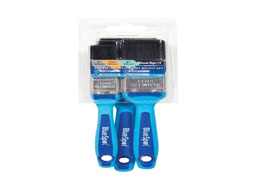 The BlueSpot Soft Grip Synthetic Paint Brush Set is ideal for use with all paints. They enable great paint loading and even distribution. No bristle loss. Quick and easy to clean. A soft grip handle and stainless steel ferrule provide durability and corrosion resistance.This 3 piece set contains sizes: 1, 1.1/2 and 2in