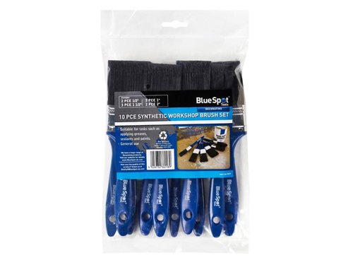 This BlueSpot Tools Synthetic Workshop Paint Brush Set is for use when applying chemicals and paints, where the application does not require a fine finish. The tin coated ferrule provides durability and corrosion resistance.10 Piece Set, contains: 2 x 1/2in Brushes, 3 x 1in Brushes, 3 x 1.1/2in Brushes and 2 x 2in Brushes.