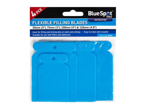 The BlueSpot Tools Flexible Filling Blades are ideal for filling and mixing jobs on walls and ceilings. Suitable for use with fillers and adhesives. Easy to clean and reusable.This 4 Piece Set contains the following sizes: 50, 75, 100 and 120mm.