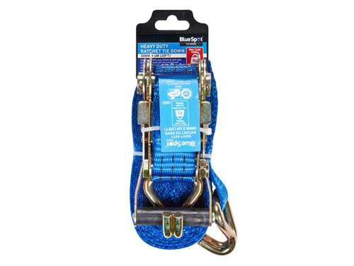 The BlueSpot Tools Heavy-Duty Ratchet Tie Down Straps are designed for quick and easy securing/transporting of loads. Double J hooks provide extra holding power whilst the metal buckle and PES webbing provides a secure hold. Ideal for cars, commercial vehicles, boats, bikes, trailers and more.Specifiations:Length: 6m.Width: 38mm.Max. Load Capacity: 1,500kg.Max. Breaking Strength: 3,000kg.