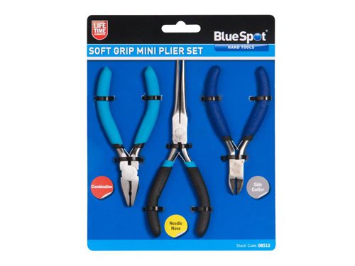 The 3 Piece Blue Spot Tools Soft Grip Mini Plier Set. Manufactured from high-quality carbon steel for increased durability. Fitted with soft grip handles for increased comfort. The double leaf-springs allow the jaws to open automatically. Contains:1 x Soft Grip Mini Combination Pliers.1 x Soft Grip Mini Needle Nose Pliers.1 x Soft Grip Mini Side Cutter Pliers.