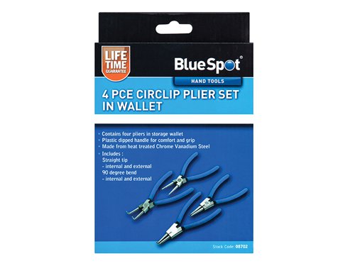 The BlueSpot Circlip Pliers Set contains 4 separate pliers for the fitting and removal of circlips. The pliers are made from heat treated chrome vanadium steel and fitted with a vinyl dipped handle for comfort and improved grip. The set comes in a handy wallet for easy storage and transport. Set includes:1 x Internal Straight Tip Circlip Pliers 150mm (6in)1 x External Straight Tip Circlip Pliers 150mm (6in)1 x Internal Circlip Pliers 90? Tip 150mm (6in)1 x External Circlip Pliers 90? Tip 150mm (6in)