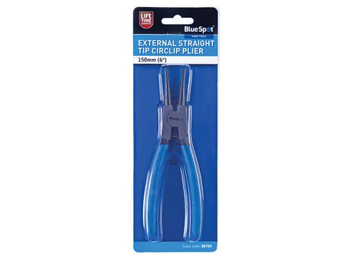 The BlueSpot External Straight Tip Circlip Pliers are manufactured from chrome vanadium steel. The tips are chemically blackened to avoid corrosion. The handles are fitted with a non-slip, cushioned vinyl coating for comfort and grip.