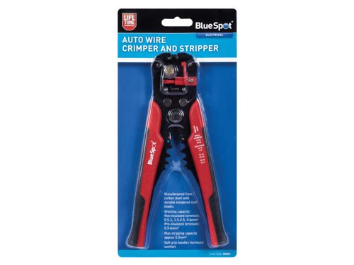 The BlueSpot Auto Wire Crimper and Stripper has been specially designed for the precise stripping of flat and round wires, and crimping of electrical connectors. It features an adjustable stripping length and can be used on both rigid and flexible wires. The stripper can also be used to partially strip sections of wire enabling you to connect at mid points.Specification:Capacity: Terminals: Non-insulated: 0.5-1, 1.5-2.5, 4-6mm², Pre-insulated: 0.5-6mm²Max. Stripping Capacity: 5.5mm²