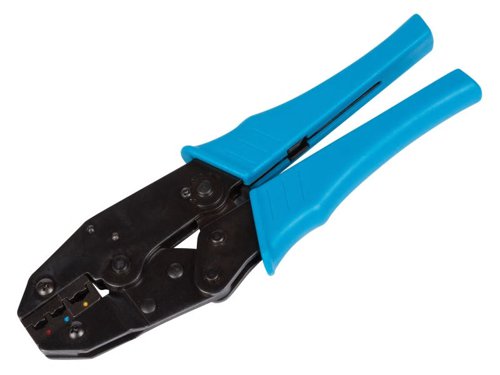 The BlueSpot Ratchet Crimping Tool is manufactured from heavy-duty, hardened steel and fitted with durable plastic handles. Spring-loaded crimps provide a high-quality crimp each time. The jaws can be replaced if necessary.There are 3 coloured dots on the jaws which correspond to the correct terminal sizes: Red: 0.5-1mm², Blue: 1.5-2.5mm², Yellow: 2.6-6mm².