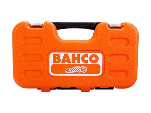 The Bahco S Type Ratchet Ring Wrench & Adaptor Set contains:1 x S Type Ratcheting Ring Wrench.5 x 1/4in Metric Sockets: 8, 9, 10, 11, 12mm.3 x 1/4in Imperial Sockets: 5/16, 3/8, 7/16in.4 x 1/2in Metric Sockets: 13, 15, 16, 17mm.3 x 1/2in Imperial Sockets: 1/2, 9/16, 5/8, 11/16in.5 x 1/4in TORX® Screw Adaptors: E8, E10, E11, E12, E14.4 x 1/2in  TORX® Screw Adaptors: E16, E18, E20, E22.2 x Adaptors: 1/4in & 1/2in.1 x 22mm Thru-Socket.1 x Compact Blow Mould Box with T3 Modular 2-colour Foam Inlay.