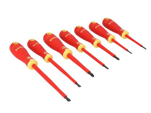 Bahco BAHCOFIT Insulated Screwdrivers are suitable for work on live equipment, up to 1,000 Volts. They have 2-component handles with vertical grooves for comfortable grip and maximum force transmission. The blades are made from high performance alloy steel, which is chrome plated and entirely hardened. A black finish tip provides higher accuracy.Each screwdriver is branded with part number, tip symbol and size for easier identification. They are each individually tested and manufactured according to IEC 60900 and conform to ISO 8764.This set of 7 contains:4 x Slotted Screwdrivers: 2.5 x 75mm, 4.0 x 100mm, 5.5 x 125mm and 6.5 x 150mm3 x Pozidriv Screwdrivers: PZ0 x 75mm, PZ1 x 80mm and PZ2 x 100mm