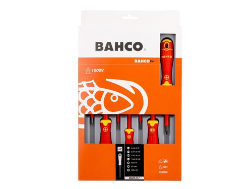 Bahco BAHCOFIT Insulated Screwdrivers are suitable for work on live equipment, up to 1,000 Volts. They have 2-component handles with vertical grooves for comfortable grip and maximum force transmission. The blades are made from high performance alloy steel, which is chrome plated and entirely hardened. A black finish tip provides higher accuracy.Each screwdriver is branded with part number, tip symbol and size for easier identification. They are each individually tested and manufactured according to IEC 60900 and conform to ISO 8764.This set of 7 contains:4 x Slotted Screwdrivers: 2.5 x 75mm, 4.0 x 100mm, 5.5 x 125mm and 6.5 x 150mm3 x Pozidriv Screwdrivers: PZ0 x 75mm, PZ1 x 80mm and PZ2 x 100mm