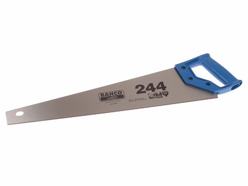 The Bahco 244 Hardpoint Handsaws feature a universal tooth set with high frequency hardened teeth giving up to 5x the life of conventional teeth.Particularly effective for cross cut and rip performance on chipboard, hardboard and hardwood. The plastic handle incorporates 45º and 90º marking guides and is securely screwed to the blade.Available in: 500mm (20in) and 550mm (22in) lengths, and two blade types.The 244 PRC saw is ideal for precision work, with fine toothing for a perfect result. Cut: fineBlade length: 550mm (22 in)Type: Universal hardpoint9 TPI