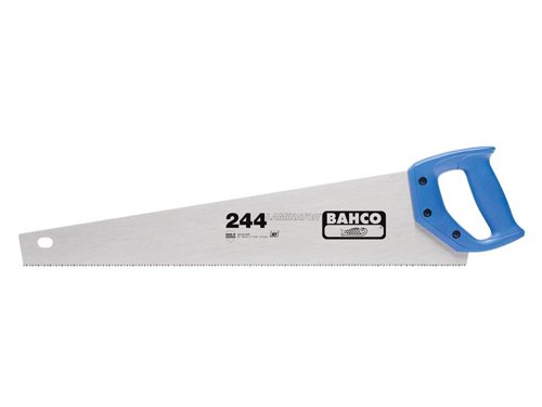 The Bahco 244-20 Laminator Handsaw is perfect for cutting medium thick materials, such as laminate and wood flooring. It has a thicker blade for increased stability and precision with universal toothing, hardpoint teeth for long lasting sharpness. It is fitted with a screwed 2-component handle that can be used for approximate 45° and 90° marking guide.SpecificationLength: 500mm (20in).Teeth: 8 TPI.