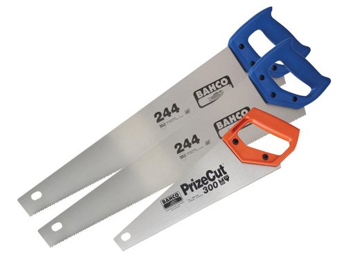 The Bahco 244 Hardpoint Handsaws feature a universal tooth set with high frequency hardened teeth giving up to 5x the life of conventional teeth.Particularly effective for cross cut and rip performance on chipboard, hardboard and hardwood. The plastic handle incorporates 45º and 90º marking guides and is securely screwed to the blade.Available in: 500mm (20in) and 550mm (22in) lengths, and two blade types.Mixed Saw Pack Containing:2 x 244 Hardpoint Handsaws 550mm (22in).1 x 300-14 Toolbox Saw 350mm (14in). It is a hardpoint fleam toothed saw. The fine teeth give a smooth cut in a wide variety of wood based materials, aluminium, plastics and laminates. Fitted with a plastic handle which is strong and comfortable in use.Teeth: 15 TPI.