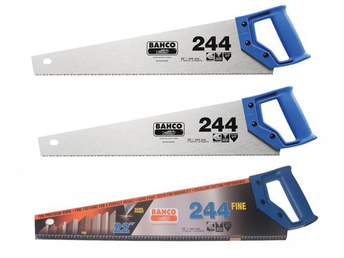 The Bahco 244 Hardpoint Handsaws feature a universal tooth set with high frequency hardened teeth giving up to 5x the life of conventional teeth.Particularly effective for cross cut and rip performance on chipboard, hardboard and hardwood. The plastic handle incorporates 45º and 90º marking guides and is securely screwed to the blade.Available in: 500mm (20in) and 550mm (22in) lengths, and two blade types.Mixed Saw Pack Containing:2 x 244 Hardpoint Handsaws 550mm (22in) 7 TPI.1 x 244 Hardpoint Handsaws 550mm (22in) 9 TPI.