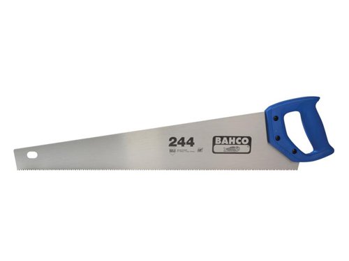 The Bahco 244 Hardpoint Handsaws feature a universal tooth set with high frequency hardened teeth giving up to 5x the life of conventional teeth.Particularly effective for cross cut and rip performance on chipboard, hardboard and hardwood. The plastic handle incorporates 45º and 90º marking guides and is securely screwed to the blade.Available in: 500mm (20in) and 550mm (22in) lengths, and two blade types.The Bahco 244-22-U7/8-HP Hardpoint Handsaw has the following specification:Blade Length: 550mm (22in).Tooth Pitch: 7 TPI.Type: Universal Hardpoint