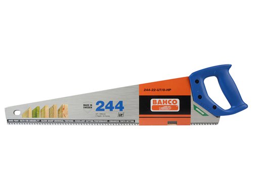 The Bahco 244 Hardpoint Handsaws feature a universal tooth set with high frequency hardened teeth giving up to 5x the life of conventional teeth.Particularly effective for cross cut and rip performance on chipboard, hardboard and hardwood. The plastic handle incorporates 45º and 90º marking guides and is securely screwed to the blade.Available in: 500mm (20in) and 550mm (22in) lengths, and two blade types.The Bahco 244-22-U7/8-HP Hardpoint Handsaw has the following specification:Blade Length: 550mm (22in).Tooth Pitch: 7 TPI.Type: Universal Hardpoint