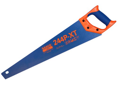 The Bahco 244P-22-XT Blue XT Handsaw is suitable for cutting coarse or thick wood materials. It has unique XT-toothing and hardpoint teeth for long-lasting sharpness. It has two sets of teeth that work in conjunction with each other, one set cuts and the second set clears with each stroke.In addition, the blade has a low friction, anti corrosion blue coating. This is a powder coating is magnetically bonded to the blade and teeth, leaving it rust proof and easy to use. The saw's screwed, 2-component handle can be used as an approximate 45° and 90° marking guide and increases user comfort.SpecificationLength: 550mm (22in).Blade thickness: 1.03mm.Teeth: 9 TPI.