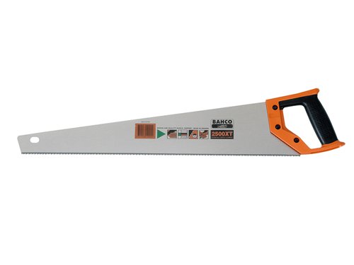 Bahco XT Hardpoint Handsaw has a thicker blade than conventional handsaws and hardpoint teeth with patented XT tooth geometry give significantly faster cutting performance both across and along the grain.The handle is placed lower on the blade giving an even distribution of power along the toothline.Blade Length: 550mm (22in).Teeth: 9 TPI.