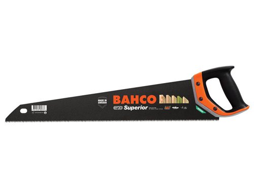 The Bahco 2600 Superior Handsaw has been developed according to the scientific ERGO™ process. Its screwed three-component handle has been designed to fit perfectly in the hand, with superior handling and comfort when sawing. The handle can be used as an approximate 45° and 90° marking guide.Its unique hard point NXT teeth ensure long-lasting sharpness. With a low-friction, rust-protective coating for smoother cuts. The thicker blade provides increased stability and precision.Ideal for fast cutting in modern medium/hard materials such as chipboard or plastics.SpecificationLength: 550mm (22in)TPI: 9