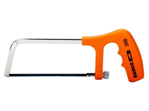 The Bahco 268 Mini Hacksaw is a modern junior hacksaw, with a frame made from rigid, zinc plated, flat steel and an ergonomic, plastic, pistol-grip styled handle. Replacing and tensioning of the blade is through adjustment of the nut incorporated in the handle.Comes complete with 32 TPI low alloyed blade.Blade Length: 150mm (6in).